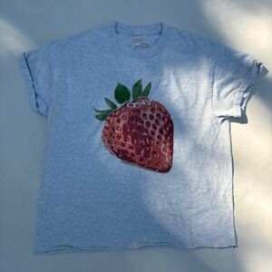 Anthropologie Strawberry Graphic T-Shirt Gray Heather Raw Hem XS Relaxed Fit